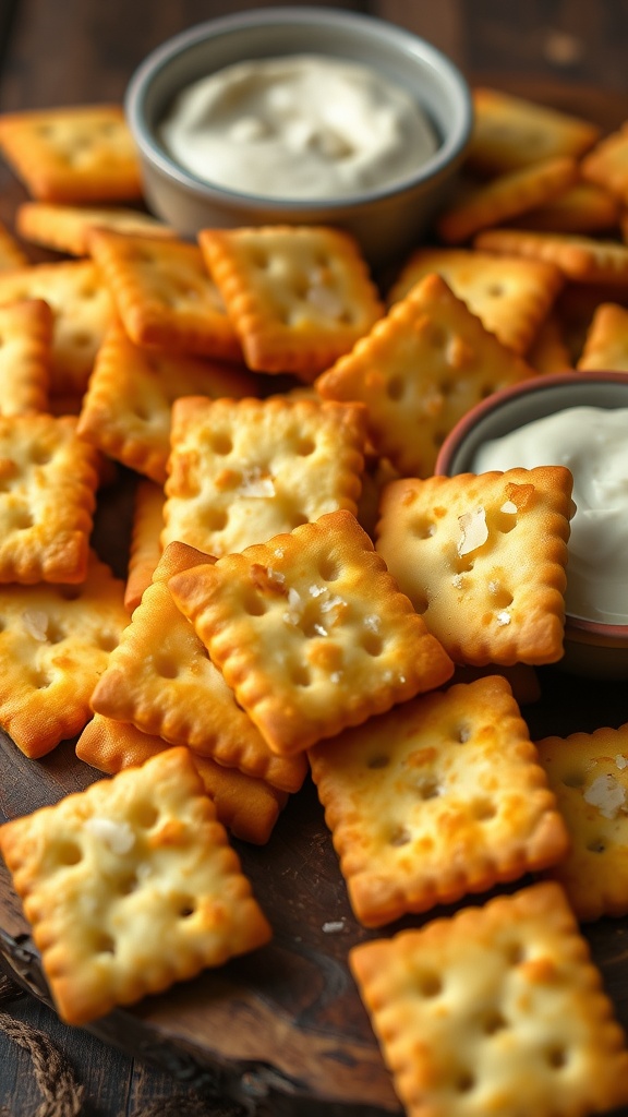 Homemade cheese crackers on a wooden platter with a bowl of dip.
